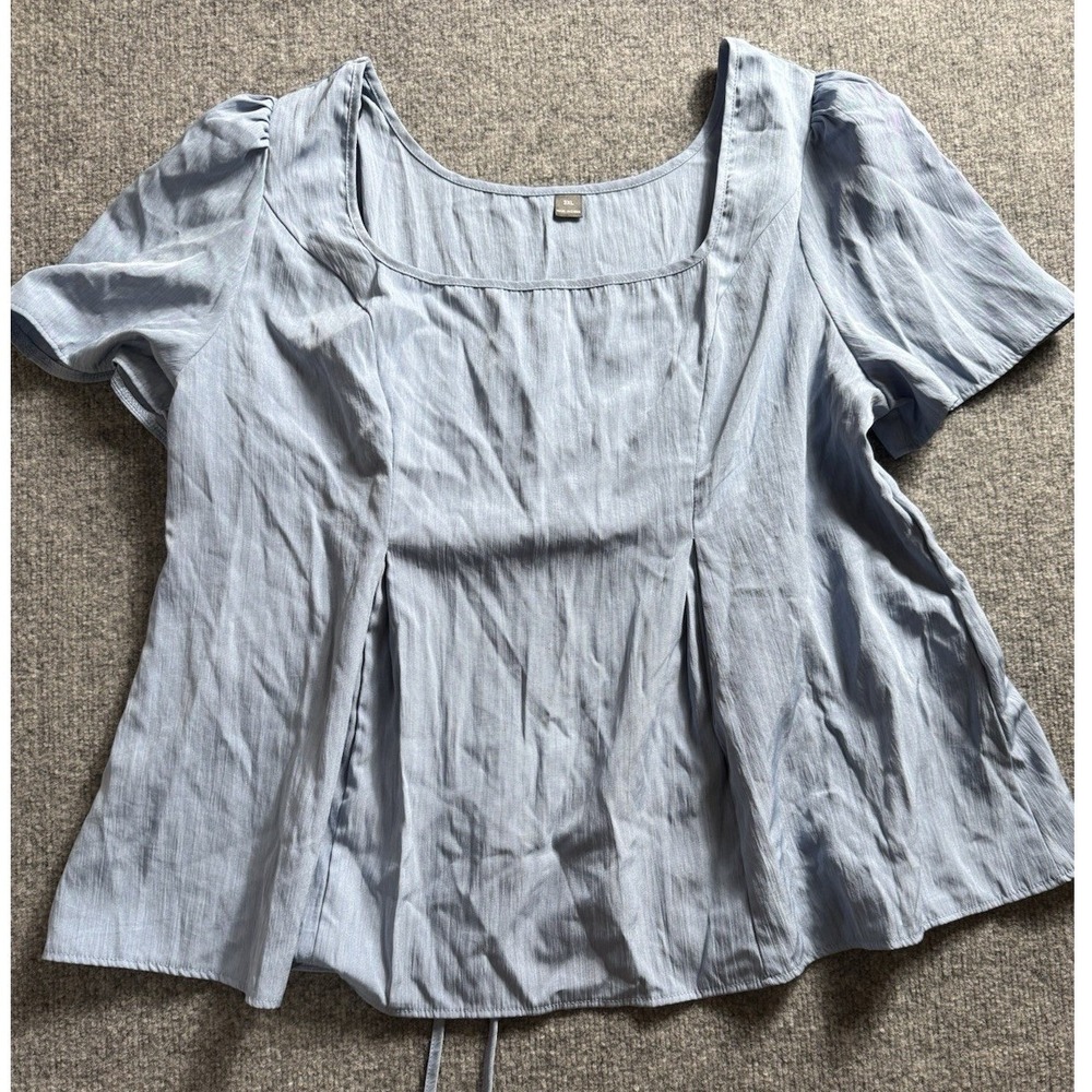 Women's Light Blue Square Neck Short Sleeve Blouse Top Pleated Waist Tie Back 3X